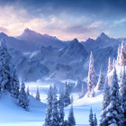 Snow-covered mountains and frosted forests in serene winter landscape