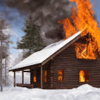 Burning wooden cabin in snowy forest with dense smoke