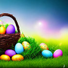 Vibrant Easter eggs in wicker basket on green grass with pastel sky