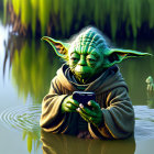 Digital artwork: Yoda submerged in water with smartphone, greenery backdrop