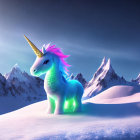 Glowing unicorn with golden horn in snowy landscape