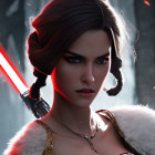 Determined woman with unique hair buns wields red lightsaber in misty forest