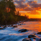 Scenic river sunset with smooth water and lush trees