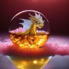 Green Dragon Hatchling in Transparent Sphere on Pink Clouds with Golden Glow on Red Background