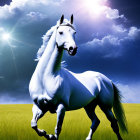 White Horse in Field with Dramatic Sky and Sunbeam Lightning