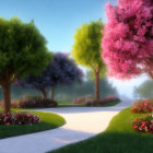 Scenic garden path with lush greenery and colorful blossoms