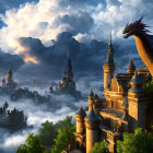 Dragon perched on fairytale castle at sunrise