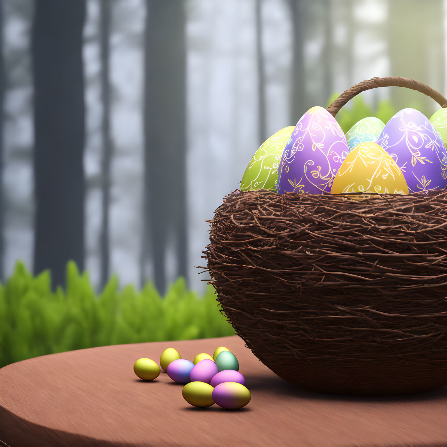 Decorated Easter eggs in wicker basket on wooden surface with misty forest background