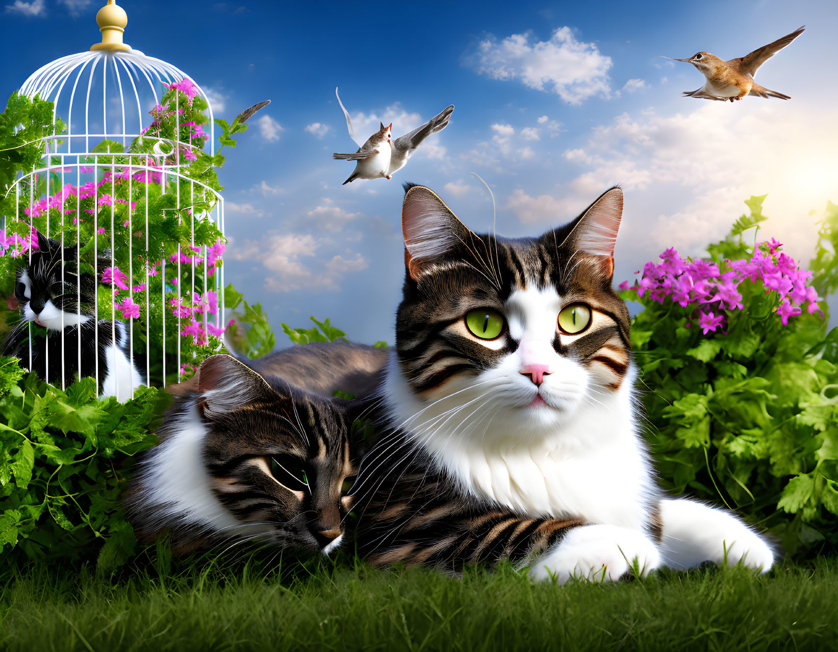 Two Cats Relaxing in Grass with Birdcage and Flying Birds on Blue Sky Background