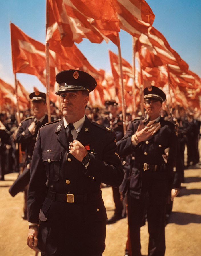 Uniformed officers saluting with waving flags in background