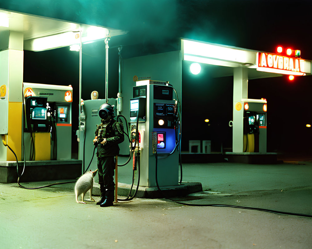 Astronaut with dog at night gas station