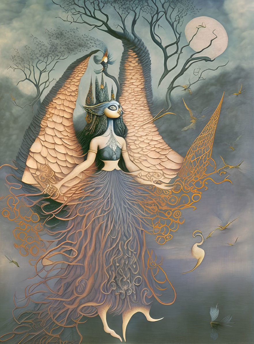 Surreal bird-like woman with wings and tree-root legs in moonlit sky