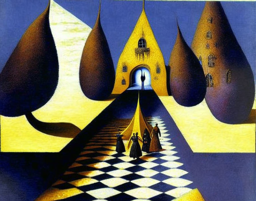 Surreal checkerboard floor with yellow cone structures and cloaked figures