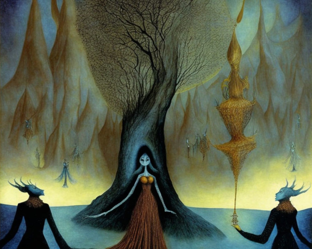 Surreal painting of tree with human-like figures and lanterns in twilight sky