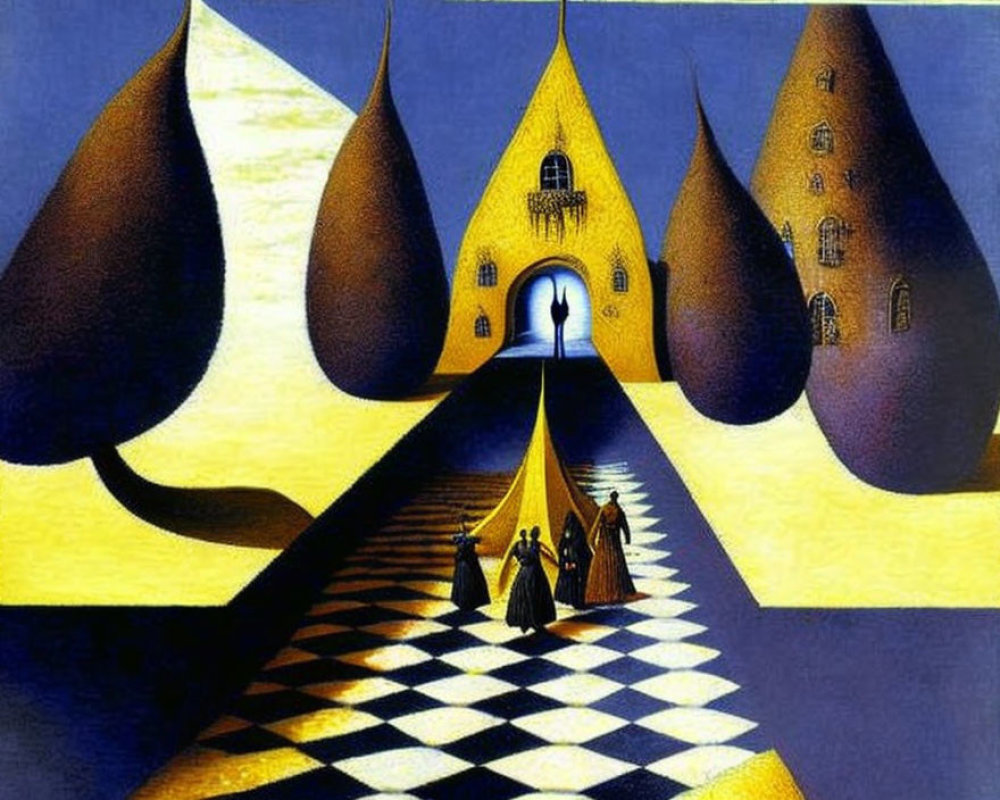 Surreal checkerboard floor with yellow cone structures and cloaked figures