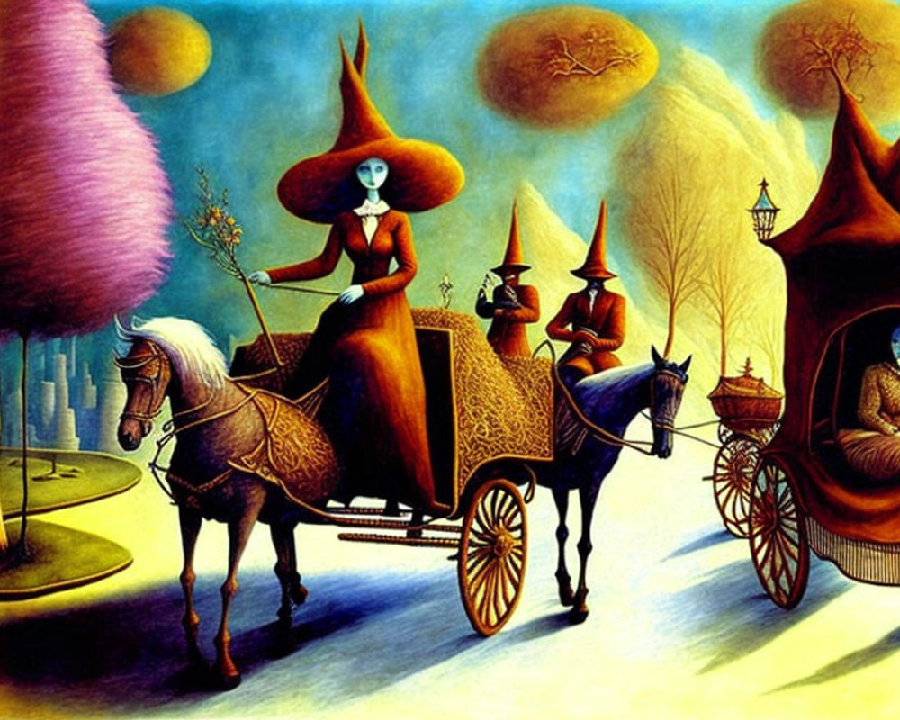 Surreal painting of figure in red dress with horse-drawn carriage, elongated shapes and whims