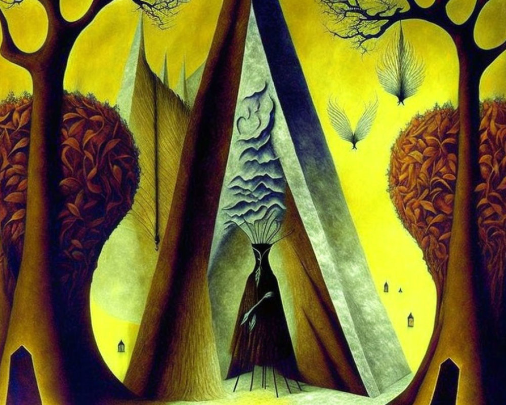 Surreal painting of figure with broomlike head in autumnal landscape