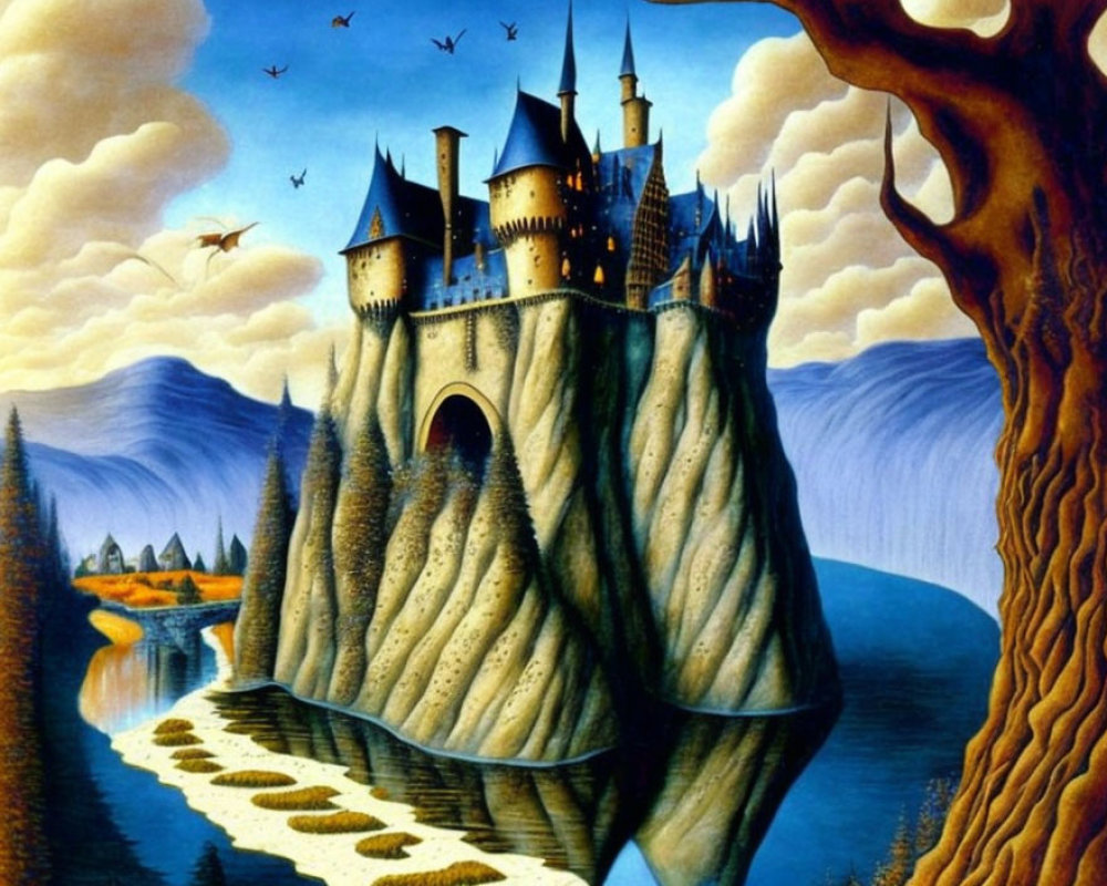 Fantastical castle on rocky hill with tree, birds, and houses under blue sky