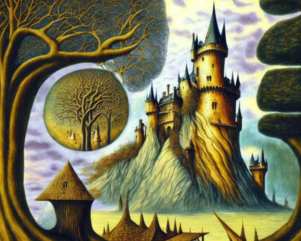 Castle with multiple towers on rocky hill, surrounded by spiked fence, whimsical tree and moon in background