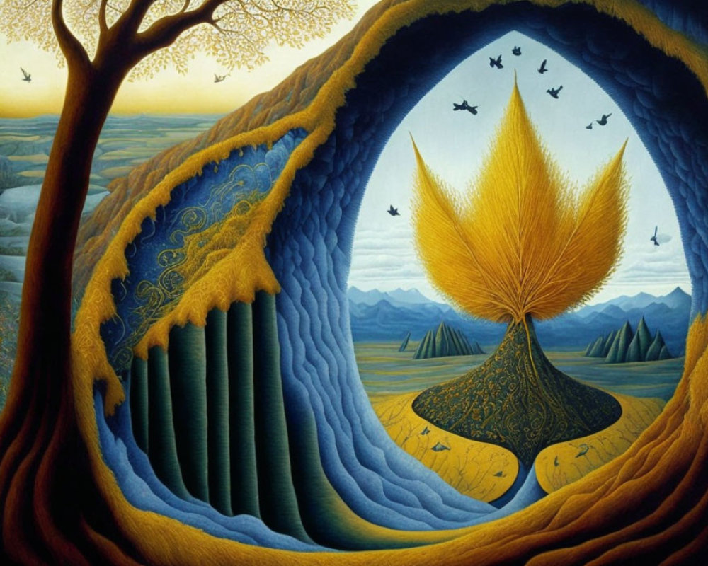 Colorful surreal landscape with golden tree, blue waves, tree arch, and birds.
