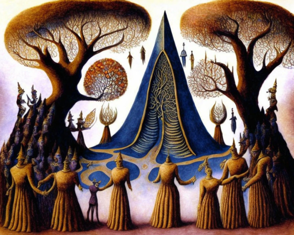 Surrealist painting with robed figures and fantastical trees around central blue-draped figure