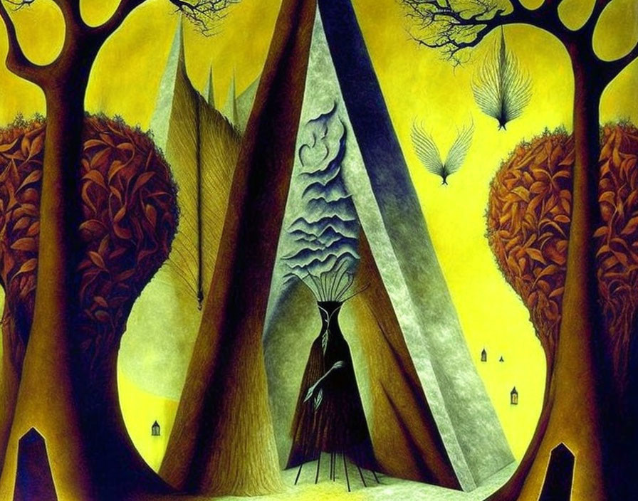 Surreal painting of figure with broomlike head in autumnal landscape