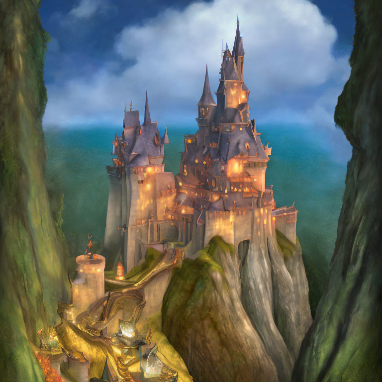 Majestic castle with spires on cliff at dusk
