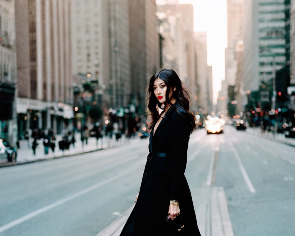 Woman in Black Coat Walking on City Street with Blurred Background