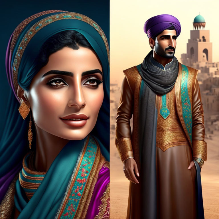 Traditional Middle Eastern Couple in Cityscape Illustration