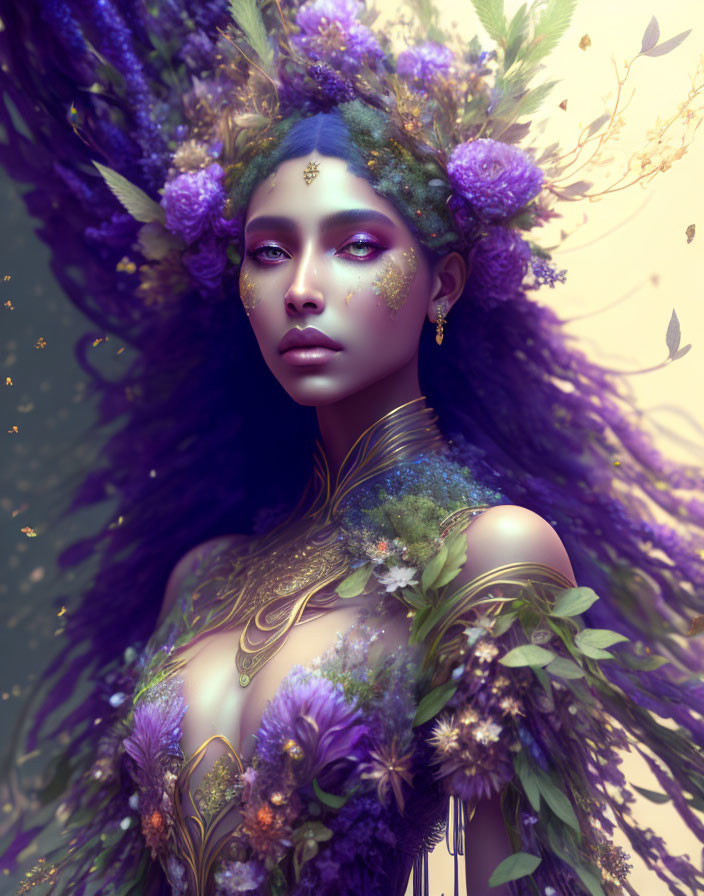 Fantasy portrait of woman with purple floral adornments and golden body jewelry