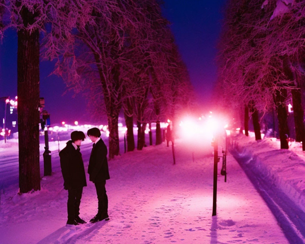 Snow-covered path with two people under purple and pink lights