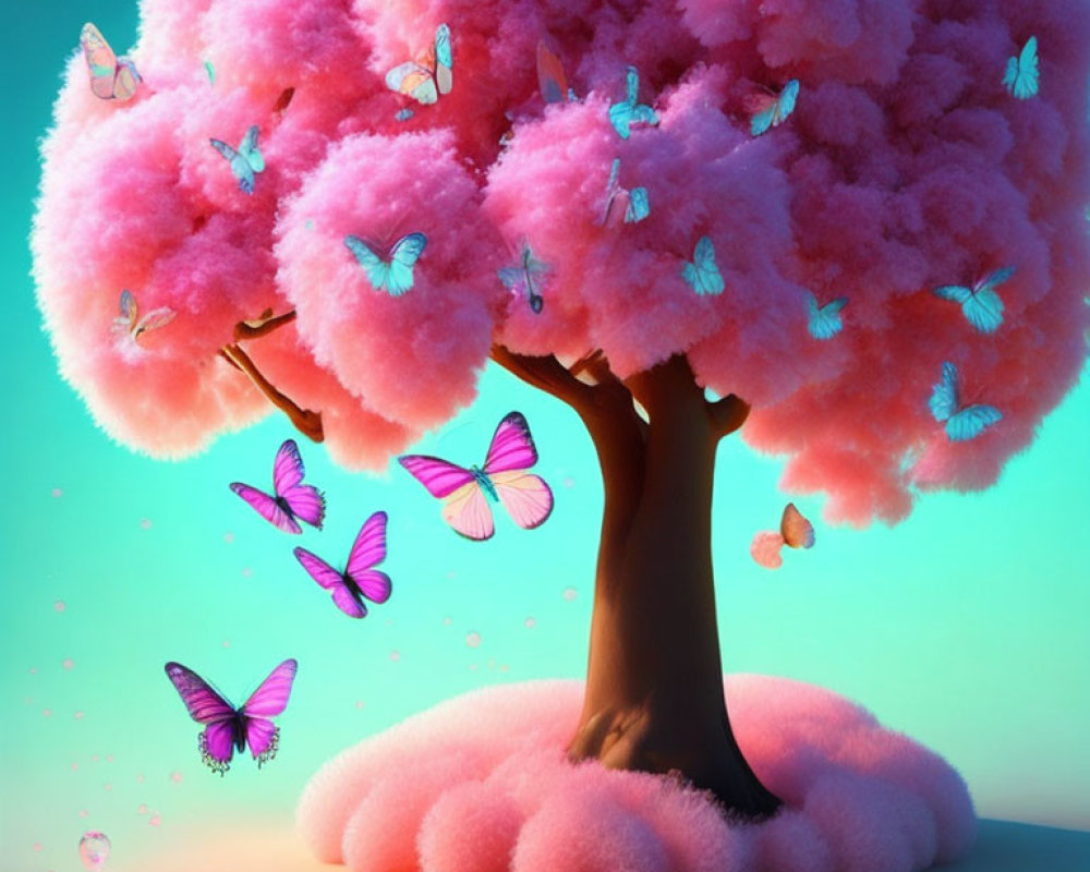 Vibrant pink fluffy tree with butterflies under turquoise light
