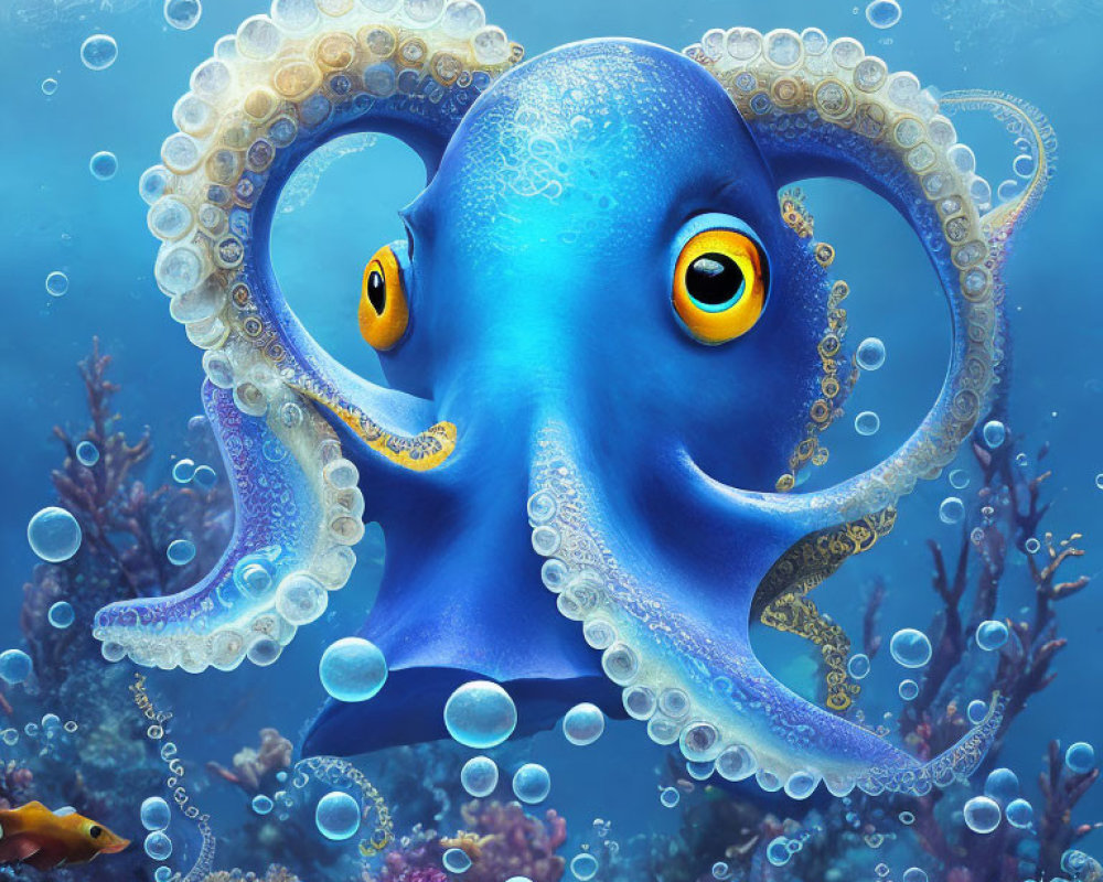 Blue octopus with yellow eyes in underwater scene