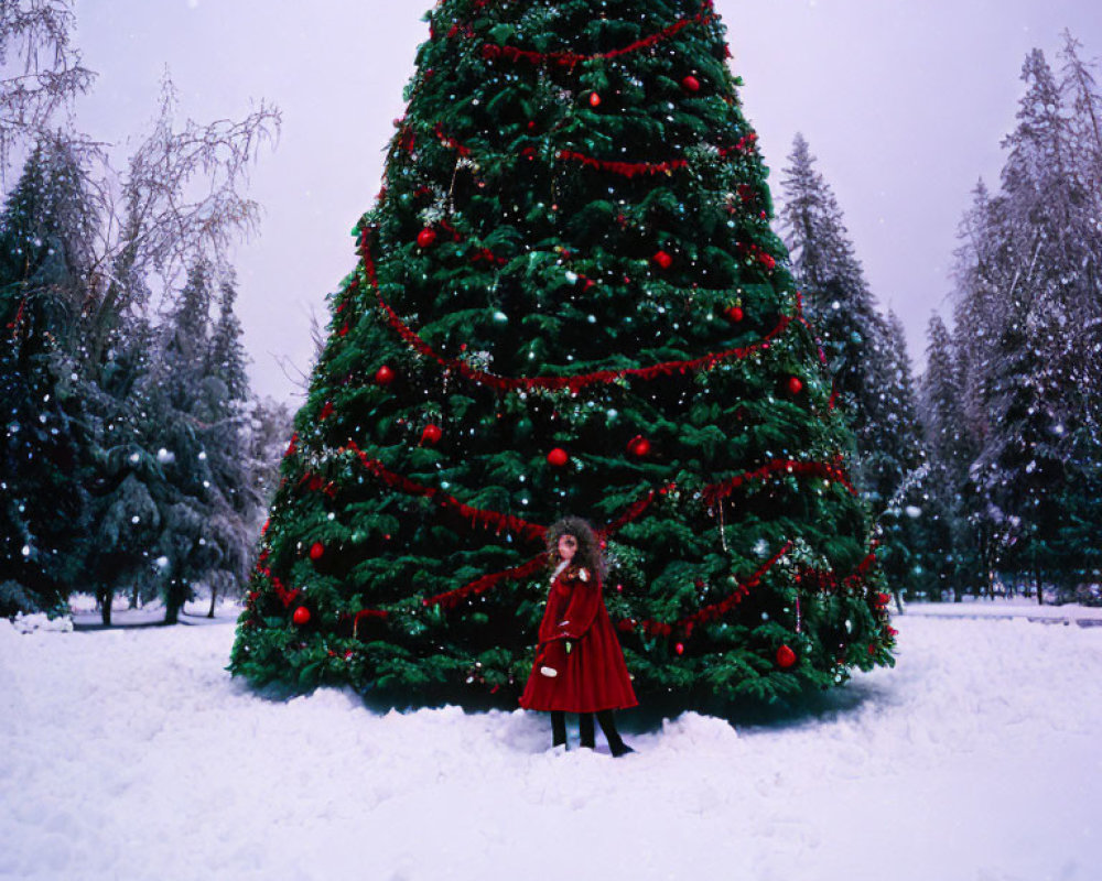Person in Red Coat Standing by Snowy Christmas Tree with Falling Snow