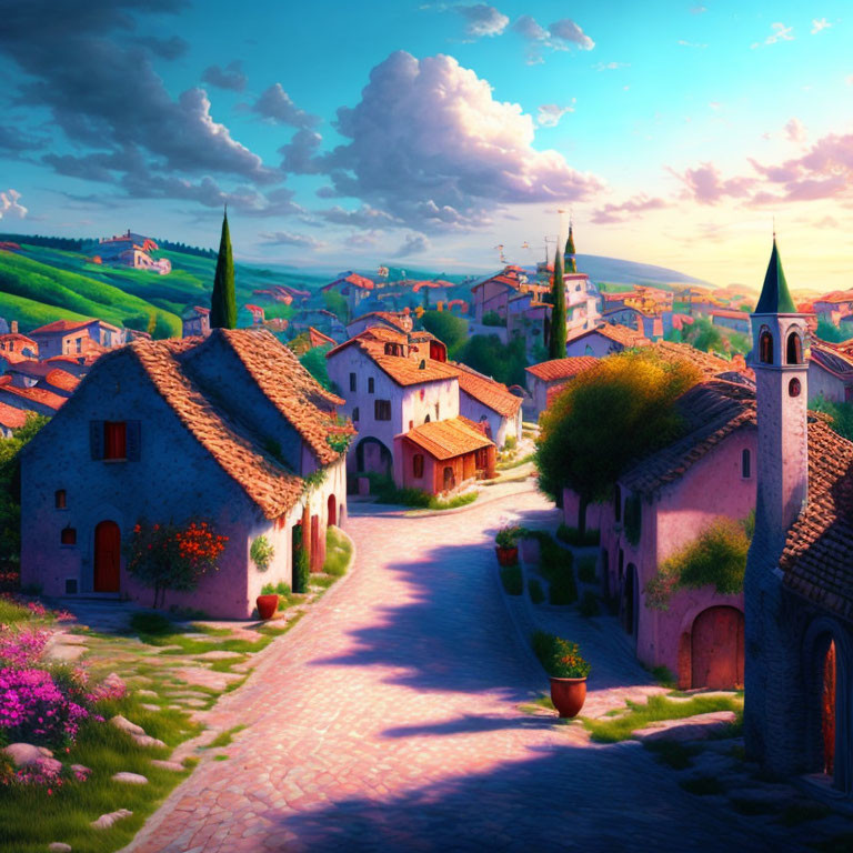 Picturesque village scene with cobblestone paths, quaint houses, and rolling hills at sunset
