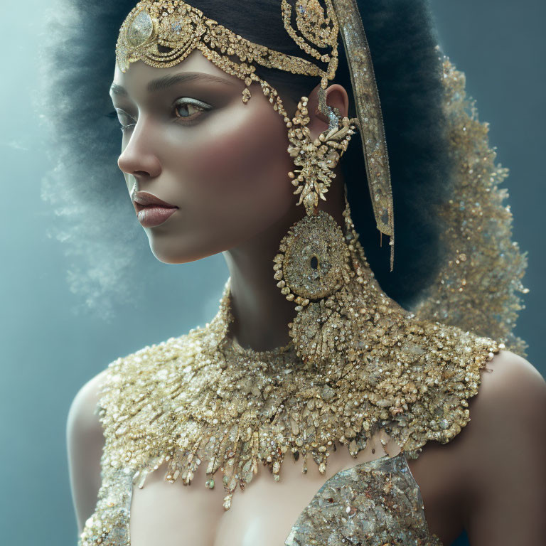 Elaborately adorned woman in golden jewelry on misty blue backdrop