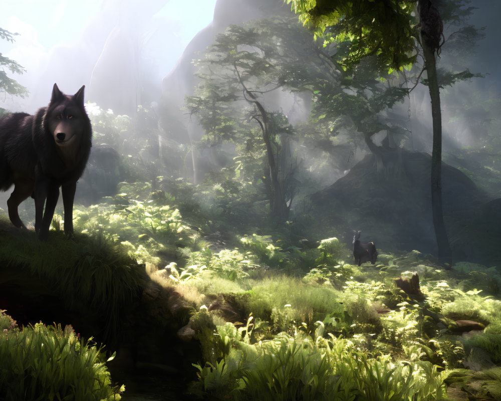 Majestic wolf in forest with sunlight and greenery