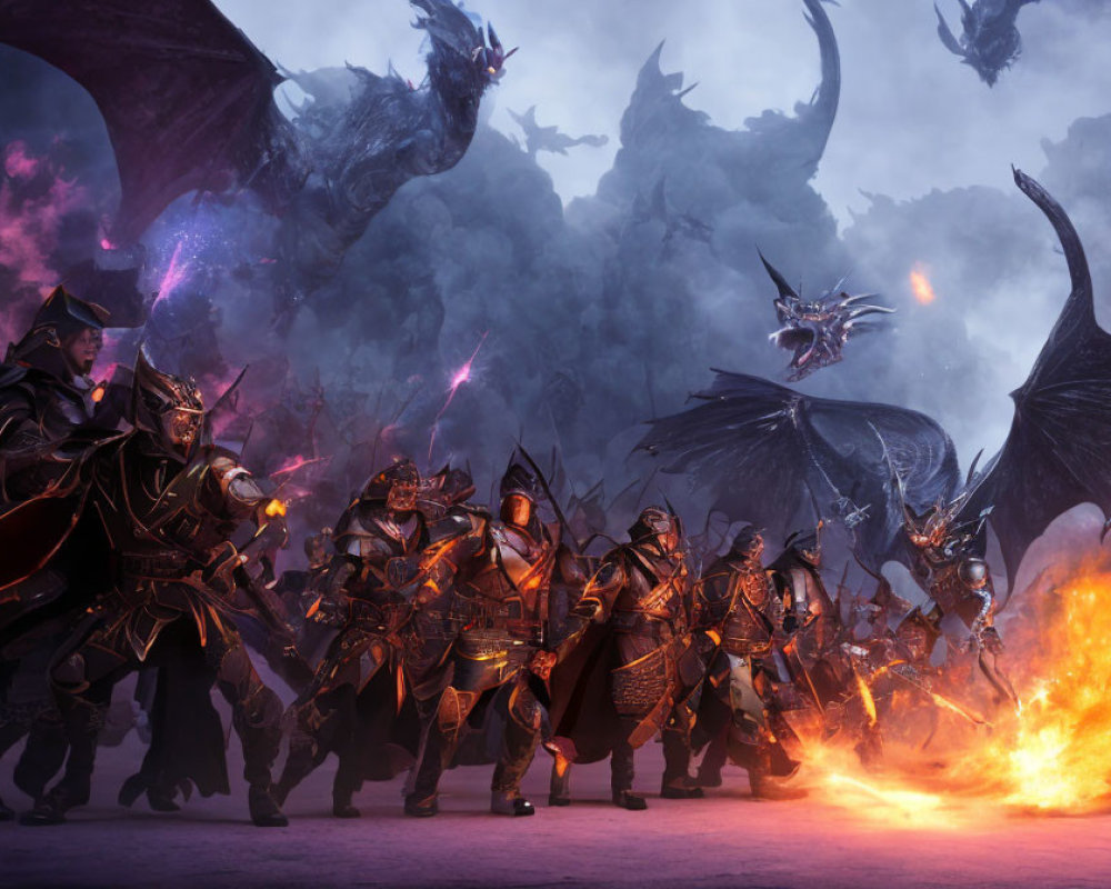 Armored warriors and dragons in fiery battle scene