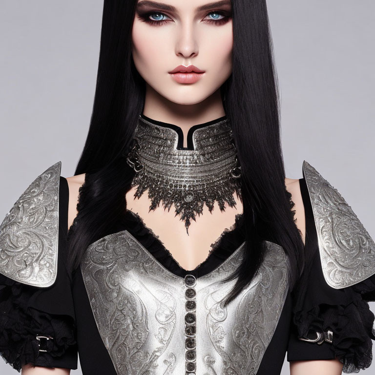 Woman with Striking Blue Eyes in Gothic-Inspired Outfit