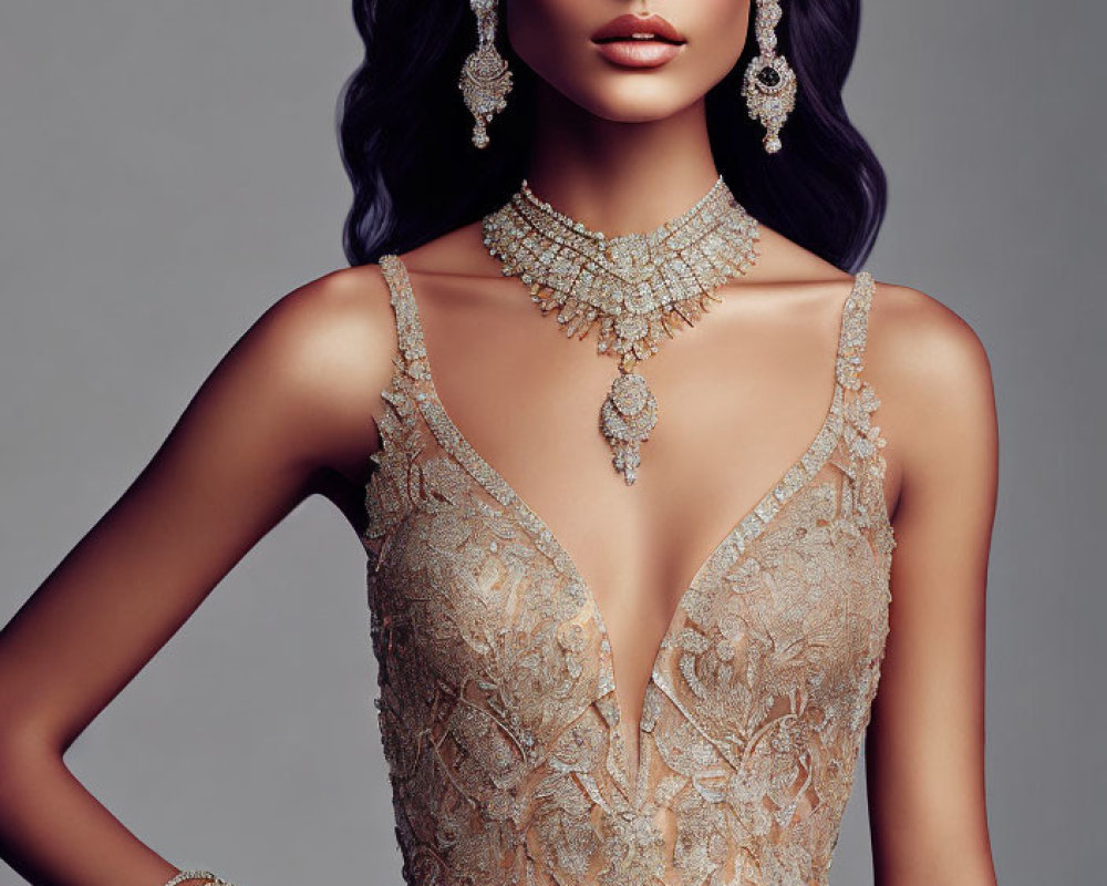 Elegant woman in beige gown with intricate embroidery and statement jewelry poses gracefully
