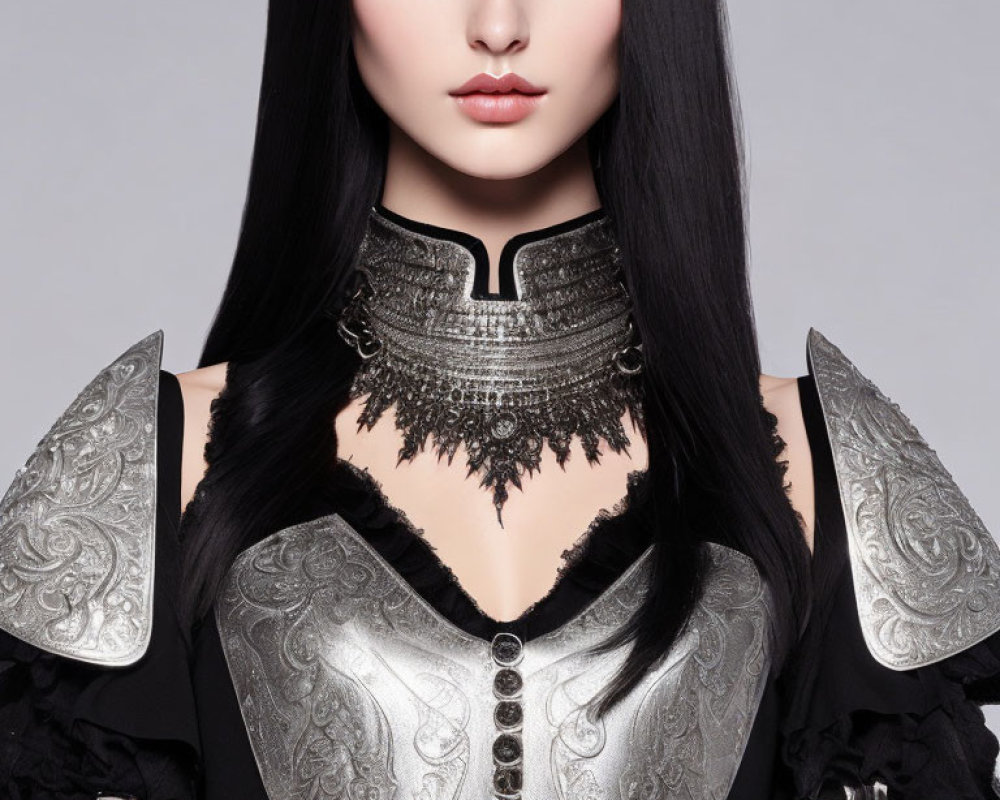 Woman with Striking Blue Eyes in Gothic-Inspired Outfit