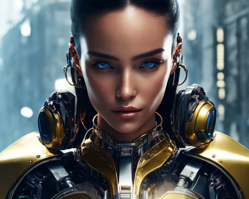 Female Android with Exposed Mechanical Neck and Shoulders in Golden Armor