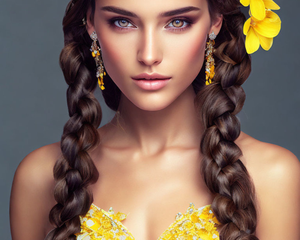 Woman with Braided Hair and Intense Blue Eyes in Yellow Floral Accessory and Beaded Attire