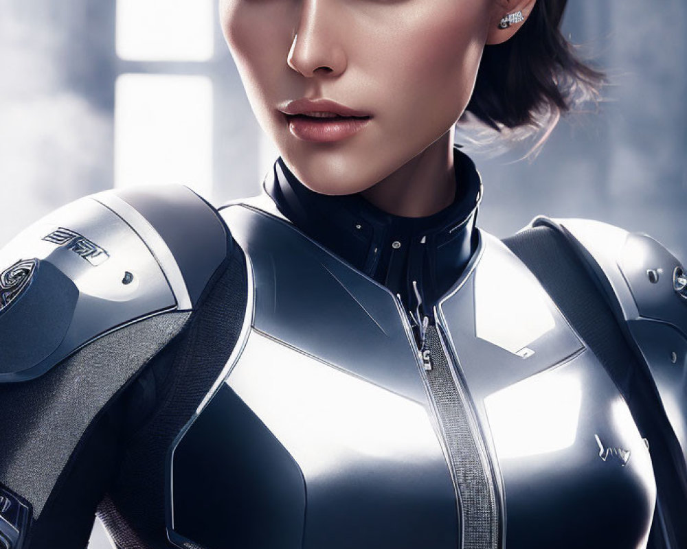 Digital illustration of woman in futuristic armored suit with blue eyes and dark hair