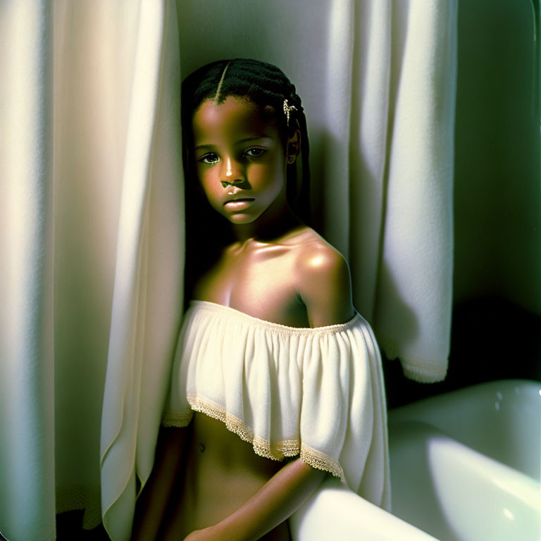 Young girl with braided hair in white off-shoulder top by curtain and bathtub