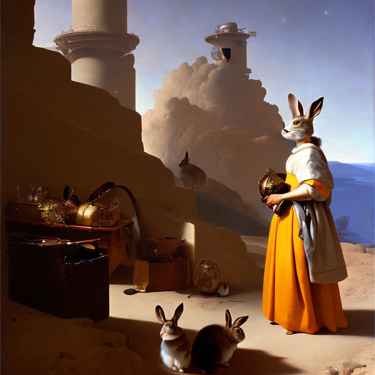 Anthropomorphic rabbits in desert with scattered luggage and fantasy towers.