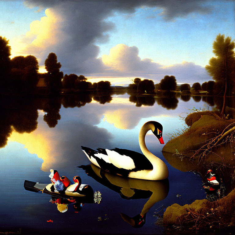Tranquil lake scene with swan, ducks, and whimsical elements