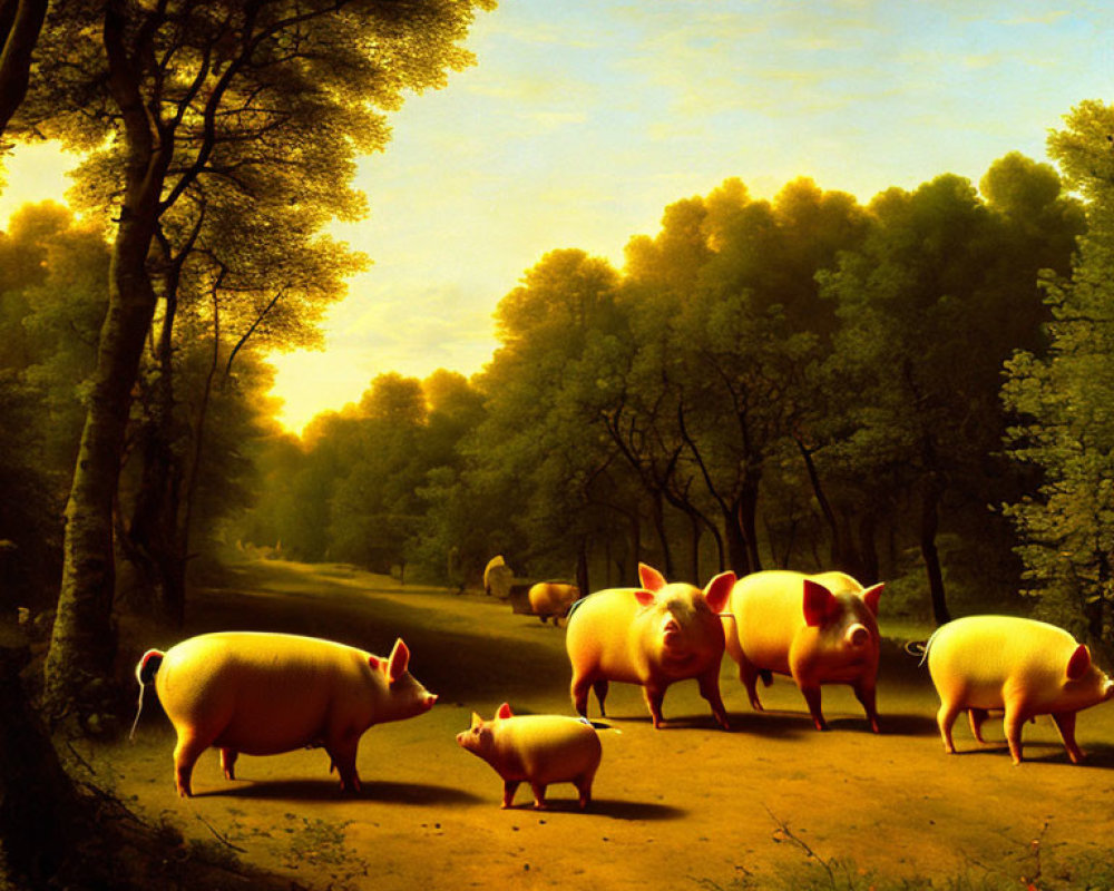 Forest scene at dusk with sunlit pink pigs on dirt path