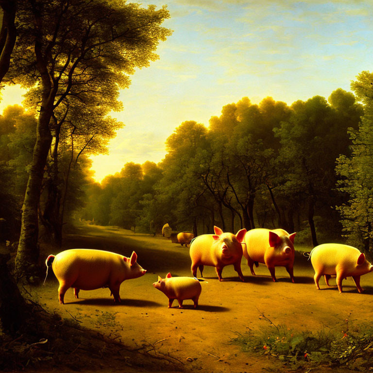 Forest scene at dusk with sunlit pink pigs on dirt path