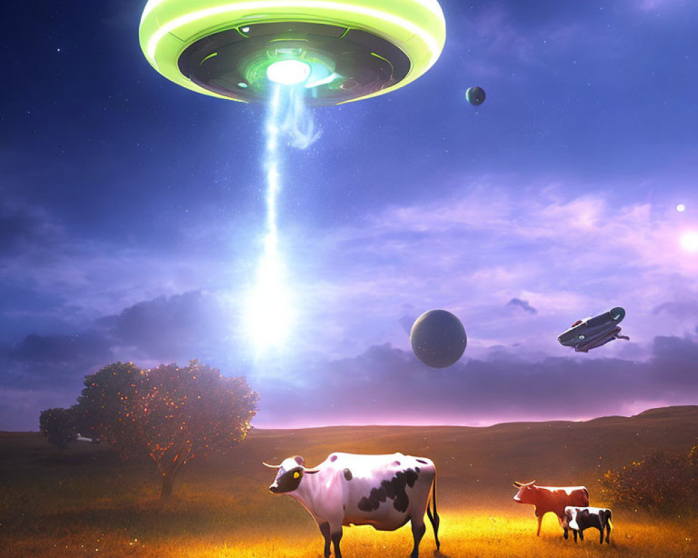 Unusual scene: UFO shines light on cows in field with hovering spacecraft and planets